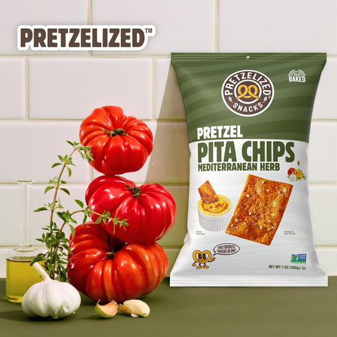 7 oz (Pack 12) PRETZELIZED Snacks Pretzel Pita Chips, Mediterranean Herb Flavor, Bags