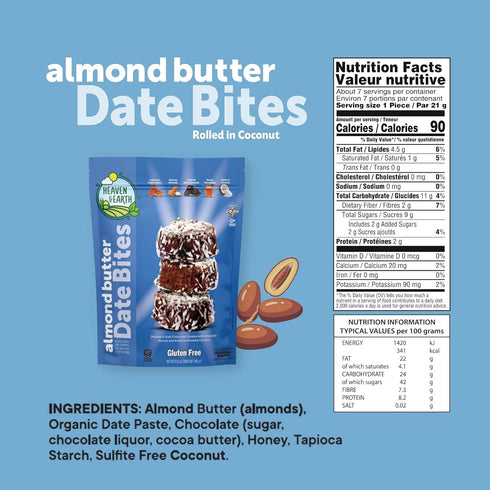 5.25oz (2 Pack) Heaven & Earth Gluten Free Chocolate Covered Almond Butter Date Bite Truffles with Coconut Flakes Dairy