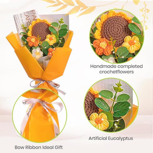 Predimeza Stunning Crochet Flower Bouquet with LED Lights - Handcrafted Knitted Flowers & Crochet Sunflower Arrangement