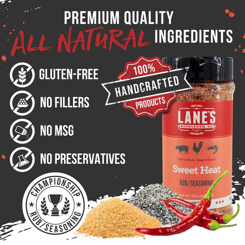 10.4 Oz Lane's Sweet Heat Rub Seasoning, All-Natural BBQ Brisket Rub Goes Well with Butt Rub Seasoning, No MSG Brisket