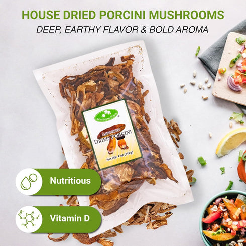 4 oz Mushroom House Dried Porcini Mushrooms, - Wild-Harvested & Sliced for an Earthy Umami Flavor - Perfect for Pasta