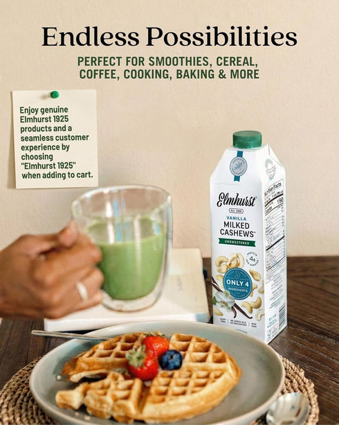 1925 32 (Pack 6) Elmhurst Vanilla Cashew Milk Unsweetened - Ounce of Dairy-Free, Vegan, Kosher, Shelf Stable Milk Made