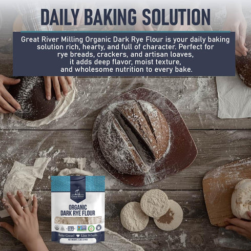 2 Lb Great River Milling Organic Dark Rye Flour | Whole Grain, Non-GMO, Kosher, Unbromated | Earthy Flavor for Rye