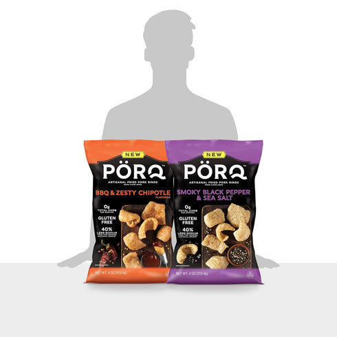 pack, 2 PORQ Artisan Fried Pork Rinds variety BBQ & Zesty Chipotle, Smoky Black Pepper & Sea Salt, and Fine Herbs