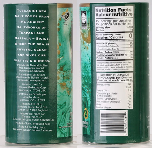 16oz Tuscanini Premium Italian Fine Sea Salt, Tube, Mediterenian Sea Salt From Sicily Italy