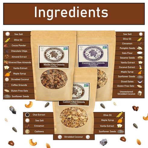 Pack 10 oz 3-Pack Maple Nut Kitchen Artisanal Variety Granola Bites - Cashew Chai, Mocha Chip, and Coconut Date | Each