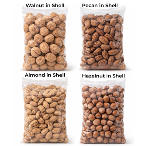 Pack, 4 lbs, Packed Premium In-Shell Nut Variety Mixed Nuts in Shell, Walnut, Almond, Pecan & Hazelnut, Separate Bags