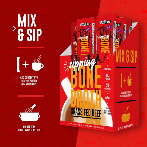LonoLife Beef Bone Broth Powder Mix, Grass-Fed, 10g Protein, Collagen-Rich, Keto & Paleo Friendly, 10 Servings