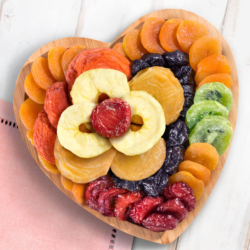 Heart-Shaped Bamboo Serving Tray with Dried Fruit and Love Theme