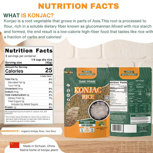12 oz, GI,80% Tame prime dried Shirataki rice, Konjac rice Keto Friendly,Low less calories than white rice.