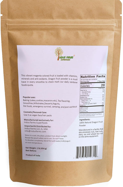 1 LB Indus Farms Red Dragon Fruit Powder (Pitaya Powder) Vibrant Pink Color for Smoothies, Drinks & Baking Fine