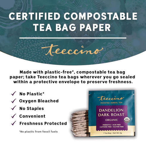 Teeccino Dandelion Herbal Tea, Dark Roast, 25 Tea Bags, Caffeine Free, Prebiotic