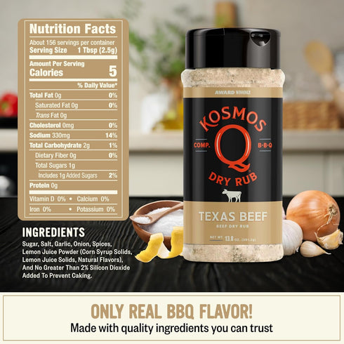 13.8 Oz Kosmos Q Texas Beef Dry Rub, Steak Seasoning with Garlic, Onion, Lemon & Savory Spices for Steak, Beef Ribs