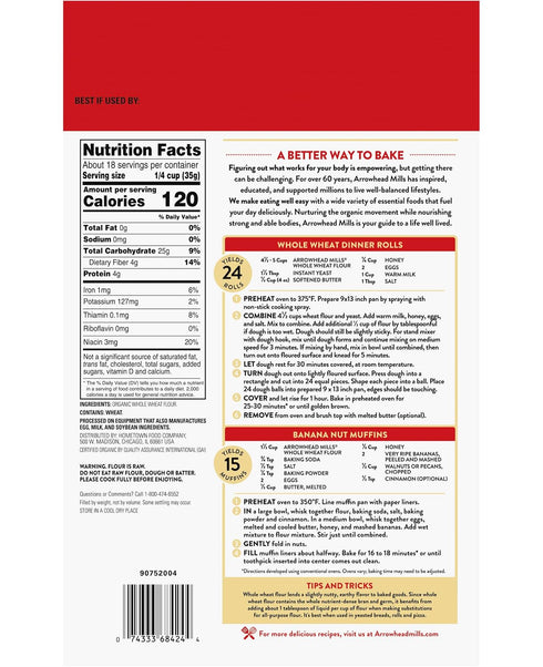22 oz (Pack 6) Arrowhead Mills Organic Whole Wheat Flour, Bag