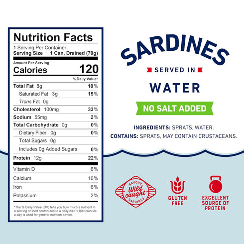 3.75 Beach Cliff Wild Caught Canned Sardines in Water, No Salt Added High Protein, Keto Friendly, Gluten Free Ideal Can