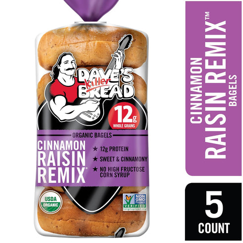 5 Count Dave's Killer Bread Cinnamon Raisin Remix Bagels, Organic Cinnamon Raisin Bagels