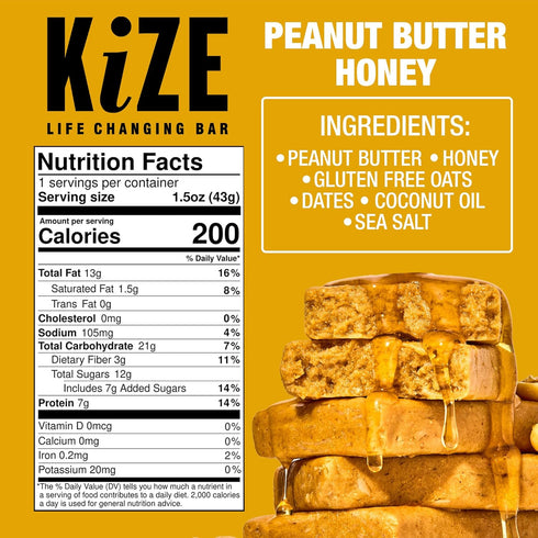 7g (10 Count) KiZE Energy Bars - Peanut Butter Honey - Gluten Free, Dairy Free, Non-GMO, and High Protein Meal