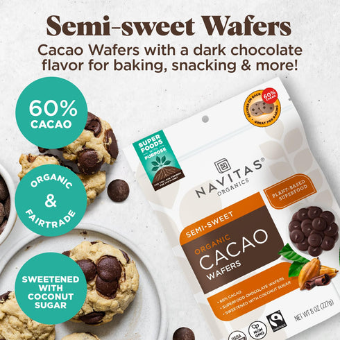 60% (8oz. 17 Navitas Organics Semi-sweet Cacao Wafers Cocoa Dark Chocolate for Baking & Snacking Ethically Sourced