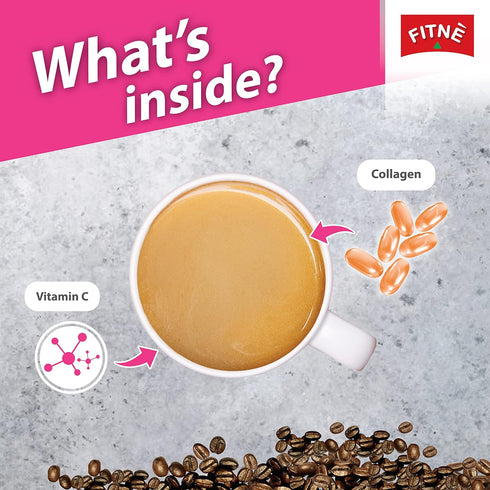 FITNE Instant 3 In 1 Coffee Packets, 10 Sticks with Natural Hydrolyzed Collagen, Vitamin C, No Sugar