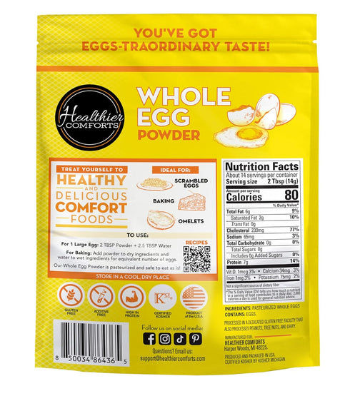 (7 oz) Healthier Comforts Whole Egg Powder | Pure Dried Whole Eggs | Pasteurized, Ready to Eat | Gluten Free, Made