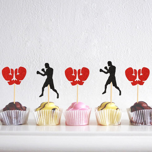 48Pcs Black Red Glitter Boxing Gloves Cupcake Toppers - Boxer Birthday Party Decorations, Fitness Cupcake Picks