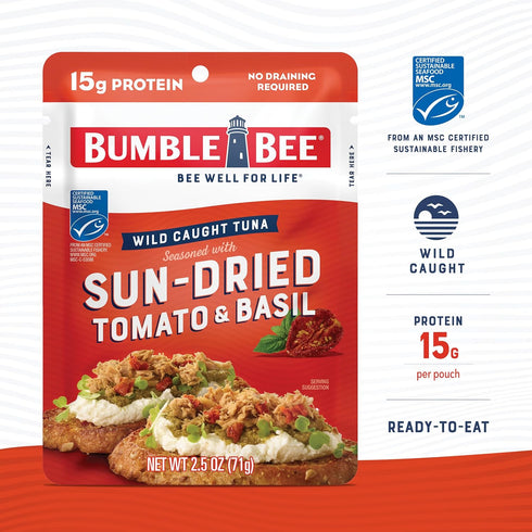 2.5 oz (Pack 12) Packet 15g Bumble Bee Sun-Dried Tomato & Basil Seasoned Tuna, Pouches of - Ready to Eat - Wild Caught