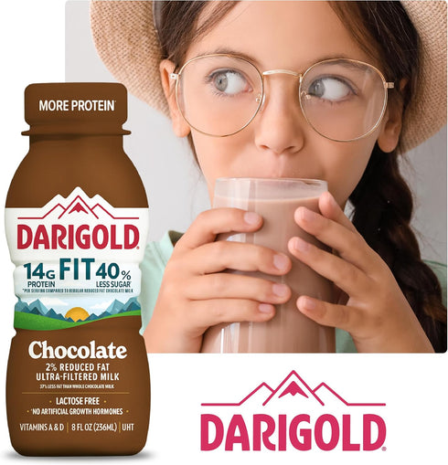14g 40% 8oz 18 Pack DARIGOLD FIT - Ultra-Filtered, Low Fat, Lactose Free Chocolate Milk - Protein, Less Sugar