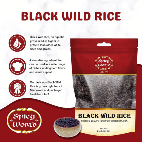 Spicy World 24oz (1.5LB) Minnesota Grown Black Wild Rice Bag | Premium Quality | All Natural, Hearty Grain with Rich