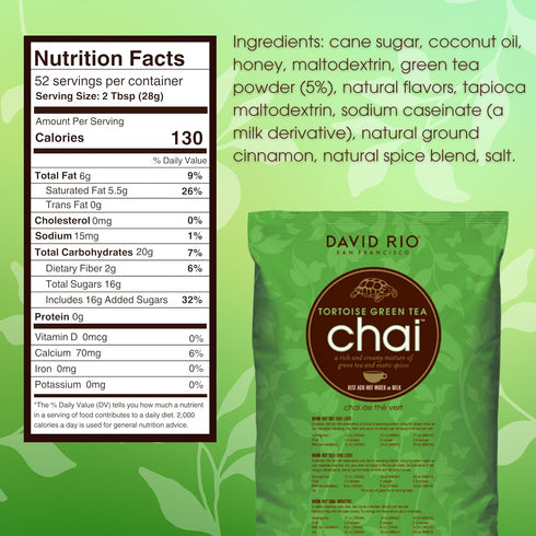 64 Oz, 52 David Rio Tortoise Green Tea Chai Tea Latte Mix, Green Tea, Organic Spices, Dairy Free, Serve Hot or Cold