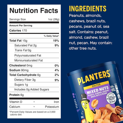 (15 oz 50% (Pack 2) Planters Mixed Nuts Canister) - Variety Mixed Nuts with Less Than Peanuts with Peanuts, Almonds