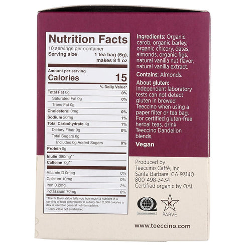 Pack 10 (Pack 4) Teeccino Hazelnut & Vanilla Nut Herbal Tea Variety - Roasted Herbal Tea Thats Caffeine Free