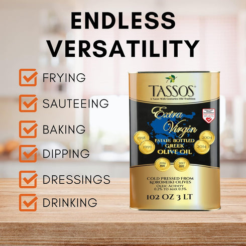 Tassos 3 Extra Virgin Olive Oil ( Cold Pressed Koroneiki Olives ) Ltr Tin