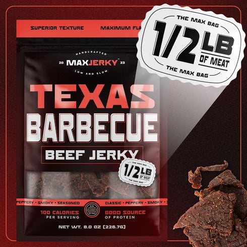 88 8 OZ (2 Pack) MaxJerky Texas Barbecue Beef Jerky, Smoked Pepper Flavored Jerky, Grams of Protein