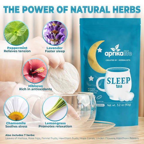 Aprika Life Sleep Tea for Bedtime Relaxation - Caffeine-Free Herbal Nighttime Tea with Chamomile, 60 Pack