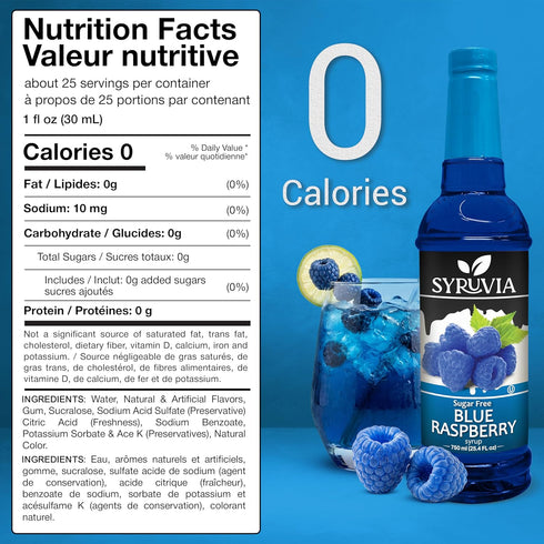 25.4 oz Syruvia Sugar-Free Blue Raspberry Syrup, Flavored Syrup for Drinks, Cocktails, Lemonades, Iced Teas