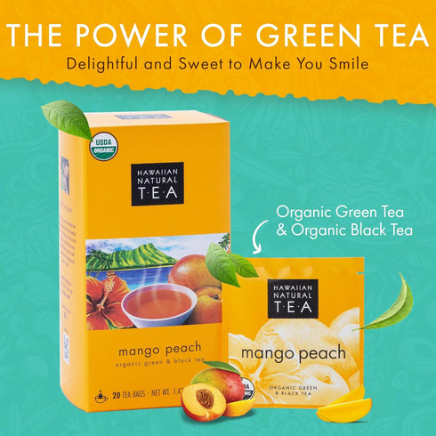 20 Hawaiian Natural Tea Mango Peach Flavored Organic Tea - Tropical Fruit Green and Black Tea Blend - Perfect Daily Cup