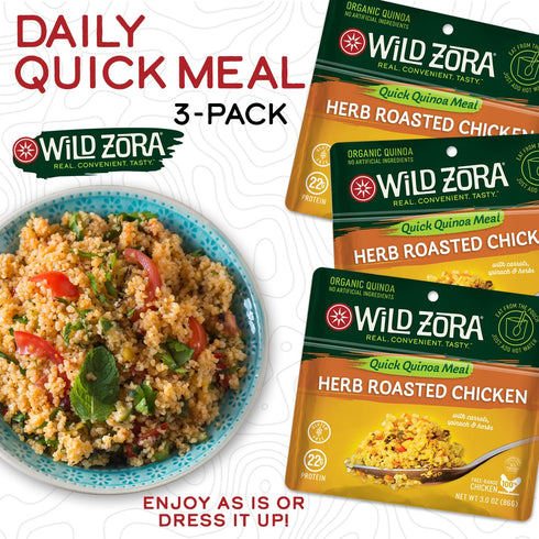 10g Packet (3-Pack) Wild Zora Instant Organic Quinoa Meals - Quick & Tasty Prepared Quinoa Bowls, Pantry Staples