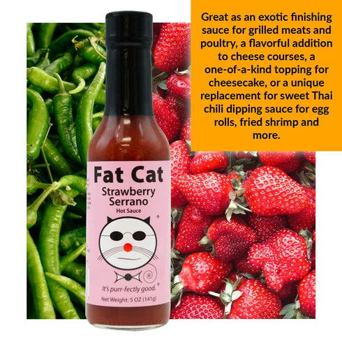 6 Pack Strawberry Serrano Natural Hot Sauce by Fat Cat Gourmet | Sweet & Spicy Flavor | For Chicken, Seafood, Pork, Ham