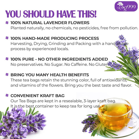TOG999, 120 100% Premium Lavender Flower Tea Bags, Natural & Pure. Loose Flower Lavender Herbal Tea. No Sugar, No
