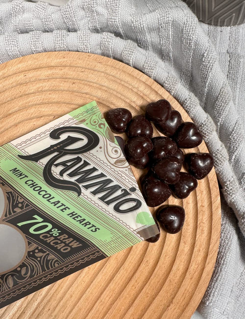 70% 2 Oz Rawmio Mint Chocolate Hearts, Cacao - - Raw, Organic, Vegan, Fair Trade