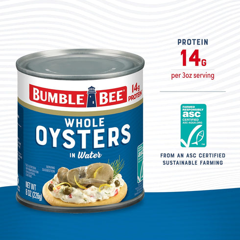 8 oz 14g Bumble Bee Premium Select Whole Canned Oysters, Can - Ready to Eat - Protein per Serving - Gluten Free