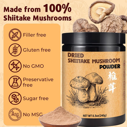 Egcina 8.5oz 100% Dried Shiitake Mushroom Powder - Pure Natural Shiitake Mushroom Seasoning for Cooking, Ramen, Coffee