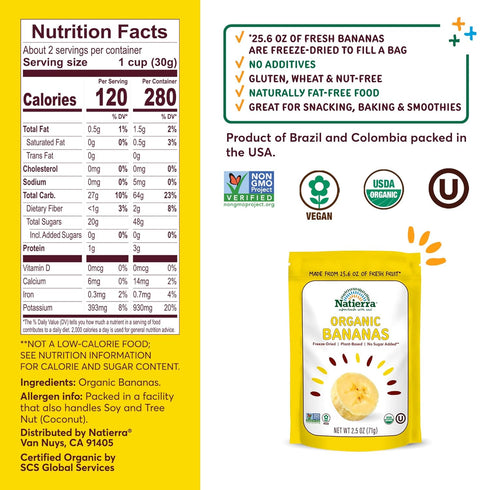 NATIERRA Organic Freeze-Dried Bananas, USDA Certified Organic, Vegan & Non-GMO, 2.5 Ounce (Pack of 1)