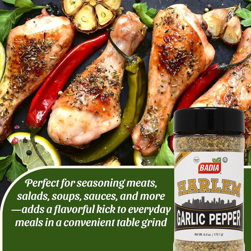 6 oz Badia Harlem Garlic Pepper Seasoning Blend, Bold Garlic & Pepper Flavor for Chicken, Steak, Seafood, Pasta