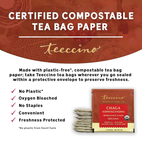 25 5.3 oz (150 Teeccino Organic Mushroom Herbal Tea, Chaga Ashwagandha, Butterscotch Cream, Caffeine Free, Tea Bags, g)
