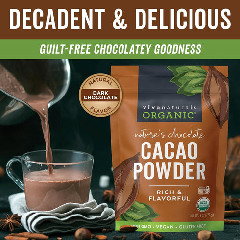 Viva Naturals Organic Cacao Powder, 8 oz Unsweetened Cocoa Powder for Baking & Smoothies, Certified Vegan