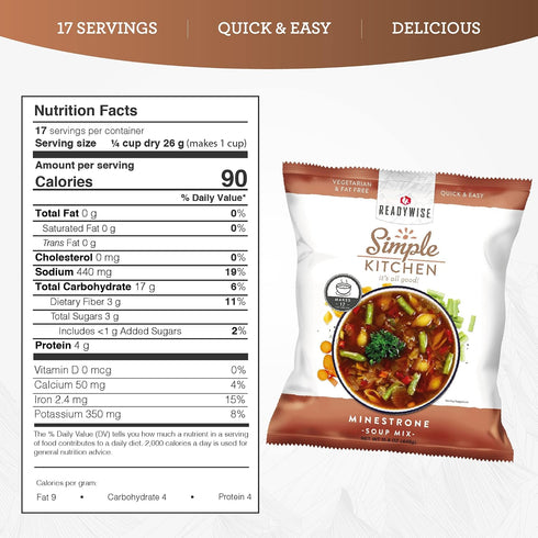 17 1 Pack READYWISE - Simple Kitchen, Minestrone Soup Mix, Servings, MRE, Vegetarian, Food, Soup Mix, for Events