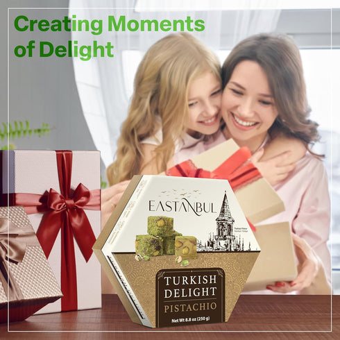 8.8oz, Eastanbul Turkish Delight Pistachio, Turkish Delights Candy, Gourmet & Double Roasted Pistachios Filled, Rich