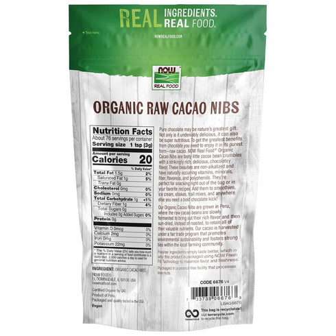 8-Ounce (Packaging NOW Foods, Organic Raw Cacao Nibs, Rich, Pure Cacao Bean Bits, Dark Chocolate Flavor, Certified