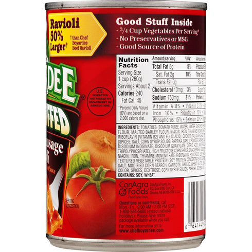 15oz (Pack 6) Chef Boyardee, Big Overstuffed Italian Sausage Ravioli, Can